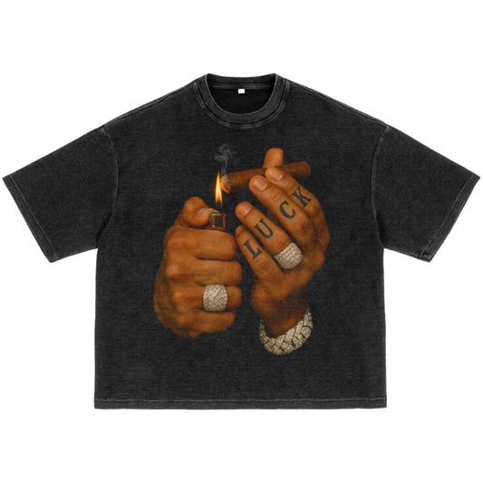 Light Up Pack Waffle-Texture Washed Boxy T-Shirt Unisex Graphic Smoke - BLACK CARTA